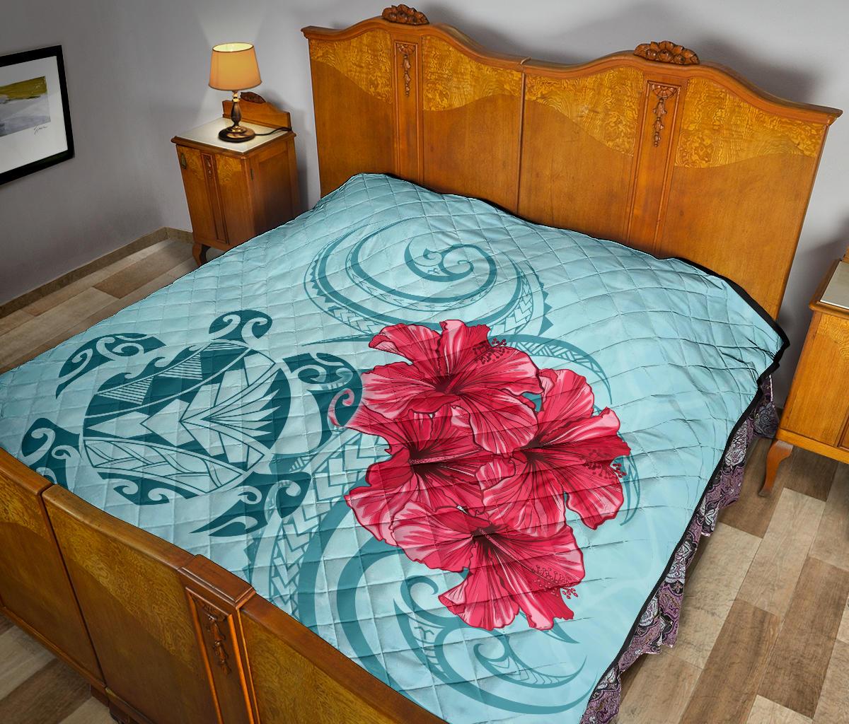 Hawaii Polynesian Turtle Hibiscus Blue Premium Quilt - Bless Style - Polynesian Pride