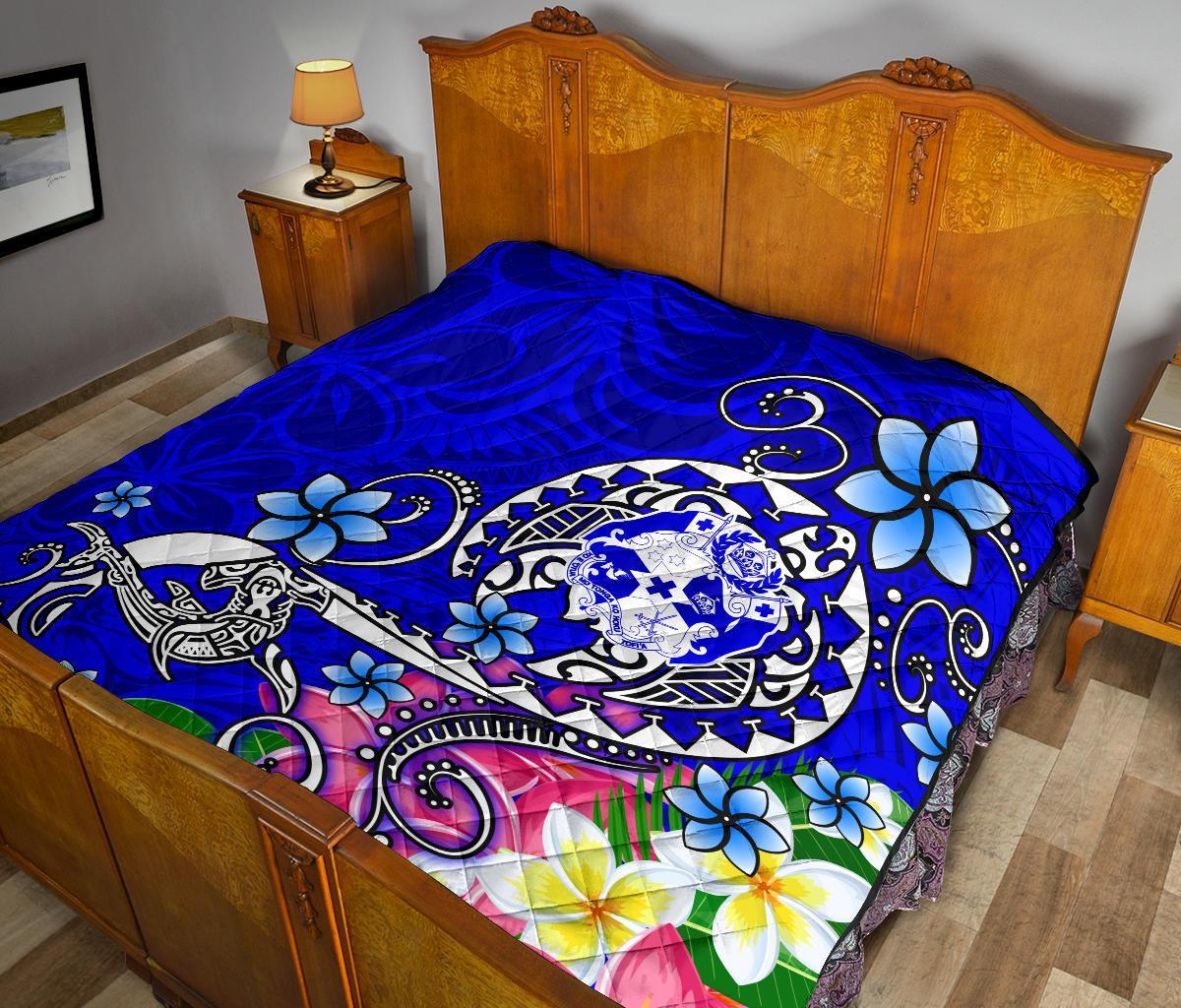 Tonga Premium Quilt - Turtle Plumeria (Blue) - Polynesian Pride