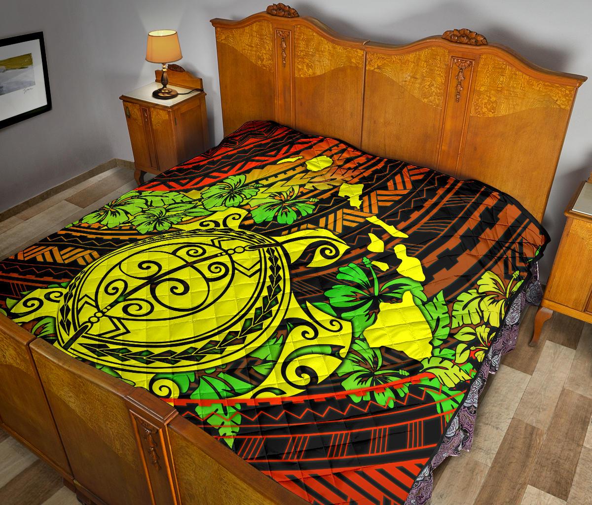 Hawaii Polynesian Premium Quilt - Hawaii Yellow Turtles Map & Green Hibiscus - Polynesian Pride