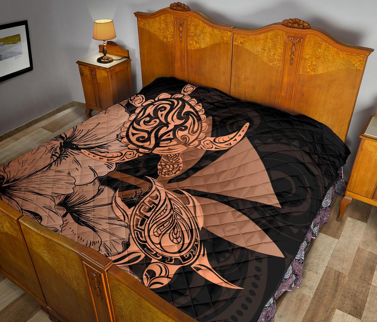 Hawaii Turtle Premium Quilt Polynesian Hibiscus Art Ver 2.0 Orange AH - Polynesian Pride