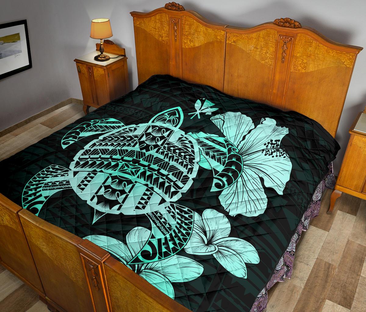 Hawaiian Kanaka Hibiscus Plumeria Mix Polynesian Turtle Premium Quilt Turquoise AH - Polynesian Pride