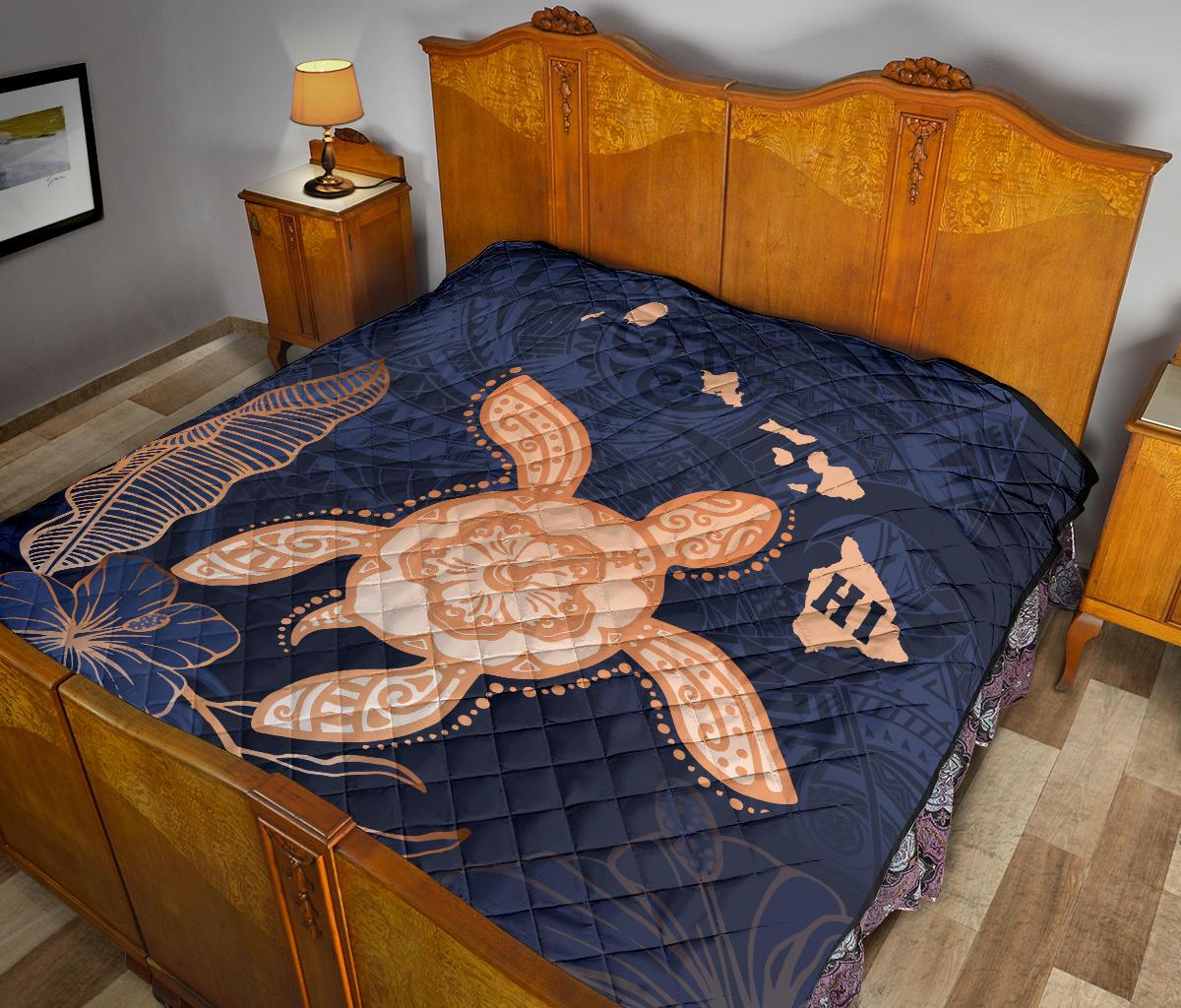 Hawaii Kakau Polynesian Turtle Map Premium Quilt - Indigo Ver 1 - Polynesian Pride