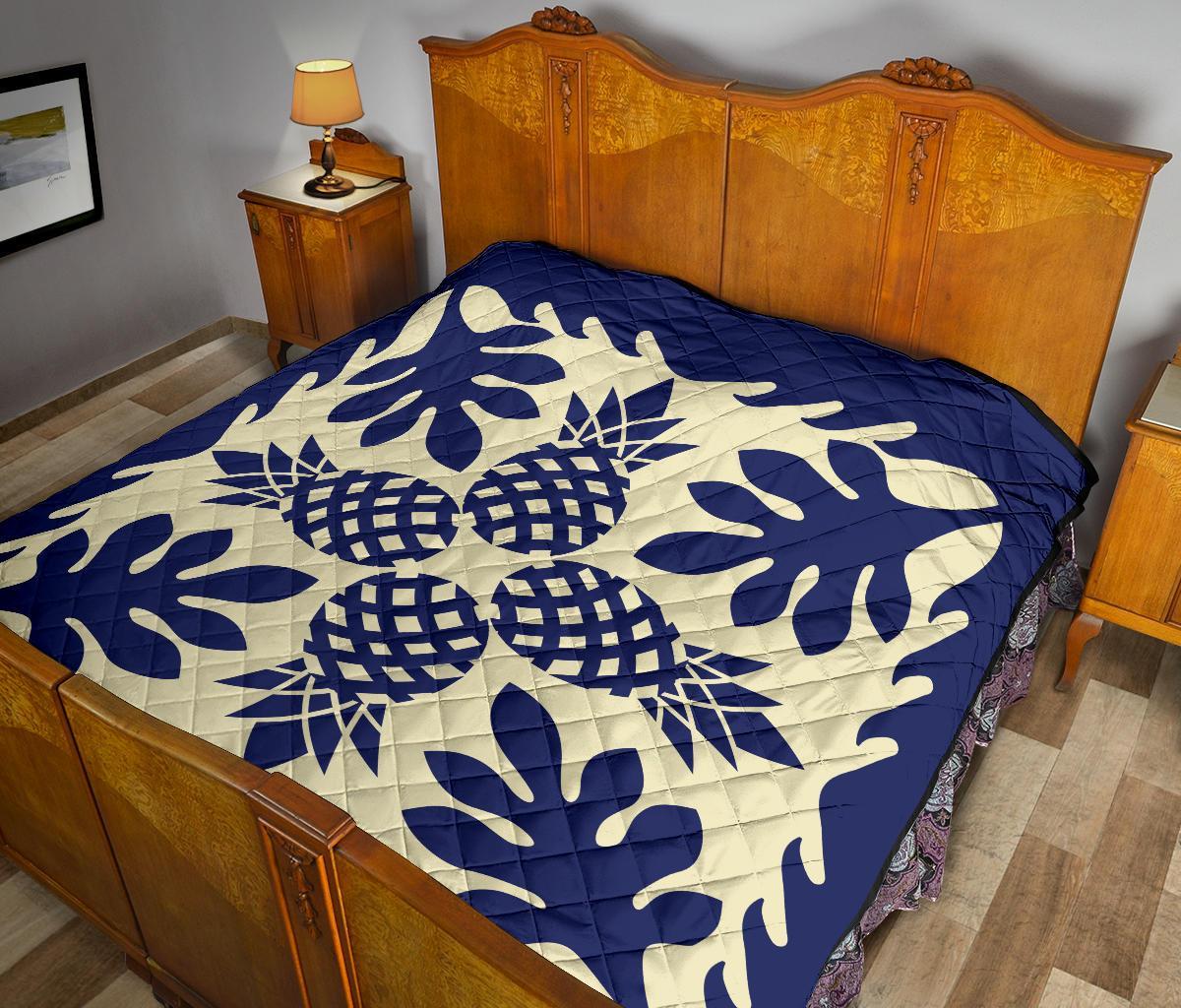 Hawaiian Pineapple Tropical Pattern Premium Quilt - Blue - Argu Style - AH - Polynesian Pride