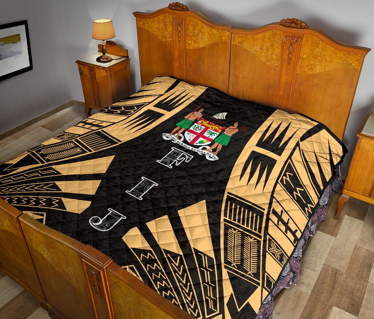 Fiji Premium Quilt - Fiji Coat Of Arms Polynesian Gold Tattoo - Polynesian Pride