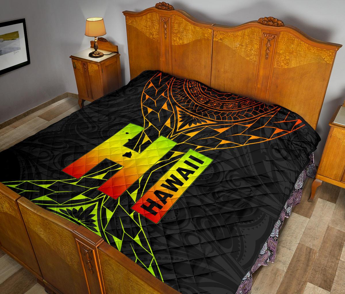 Hawaii Polynesian Quilt - Hawaii Map Reggae Color Version - Polynesian Pride