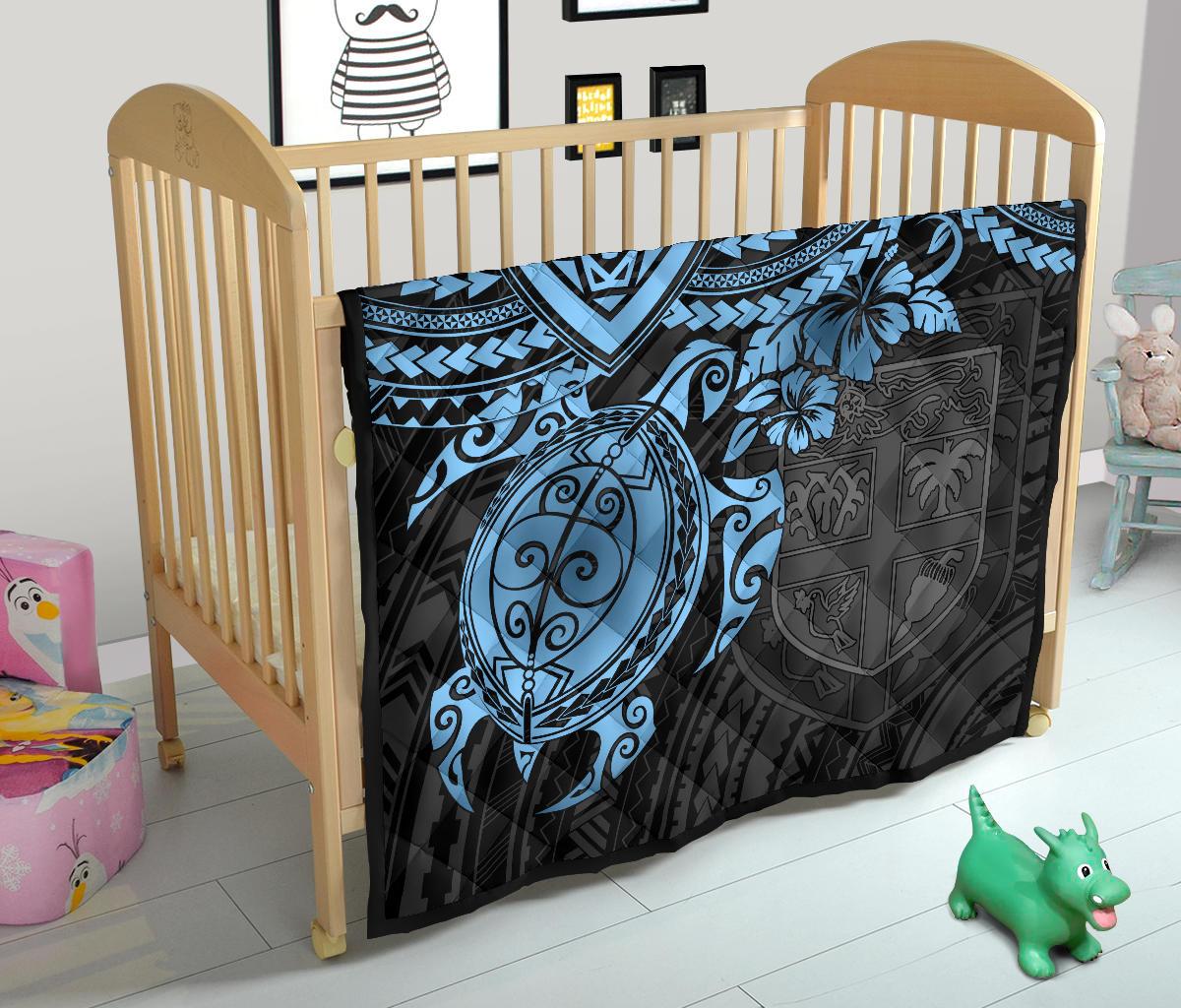 Fiji Polynesian Premium Quilt - Fiji Flag & Blue Turtle Hibiscus - Polynesian Pride