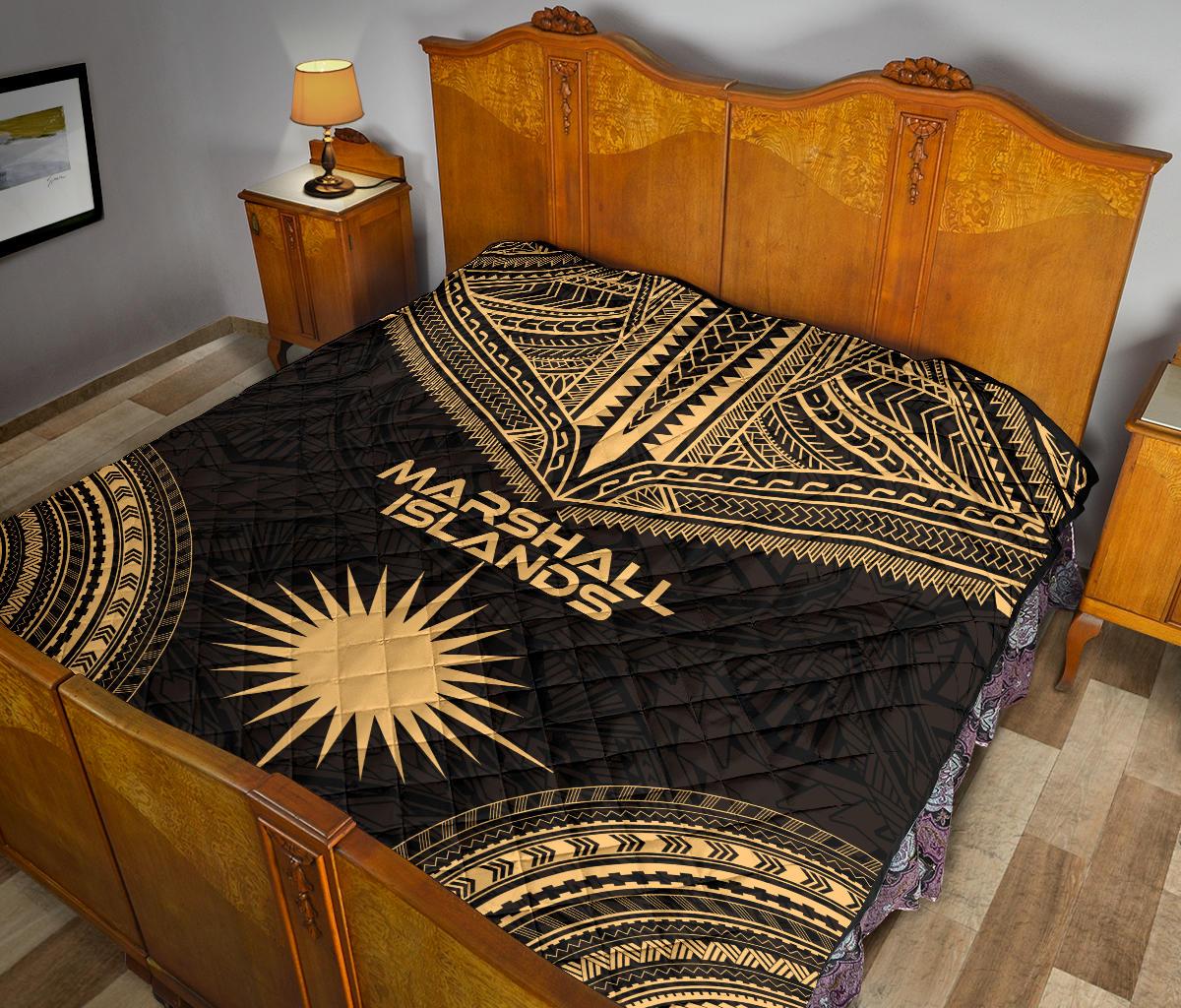 Marshall Islands Premium Quilt - Marshall Islands Flag Polynesian Chief Gold Version - Polynesian Pride