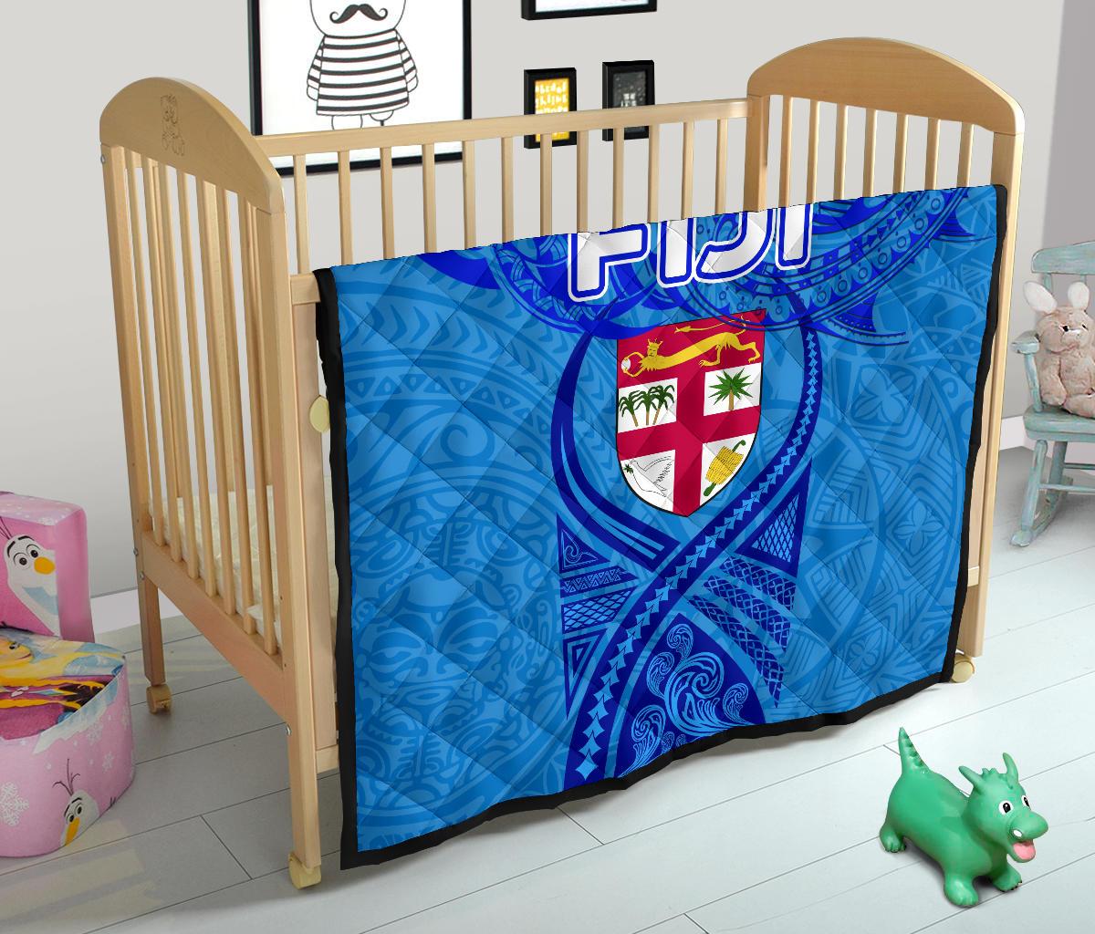 Blue Premium Quilt Fiji Rugby Polynesian Waves Style - Polynesian Pride