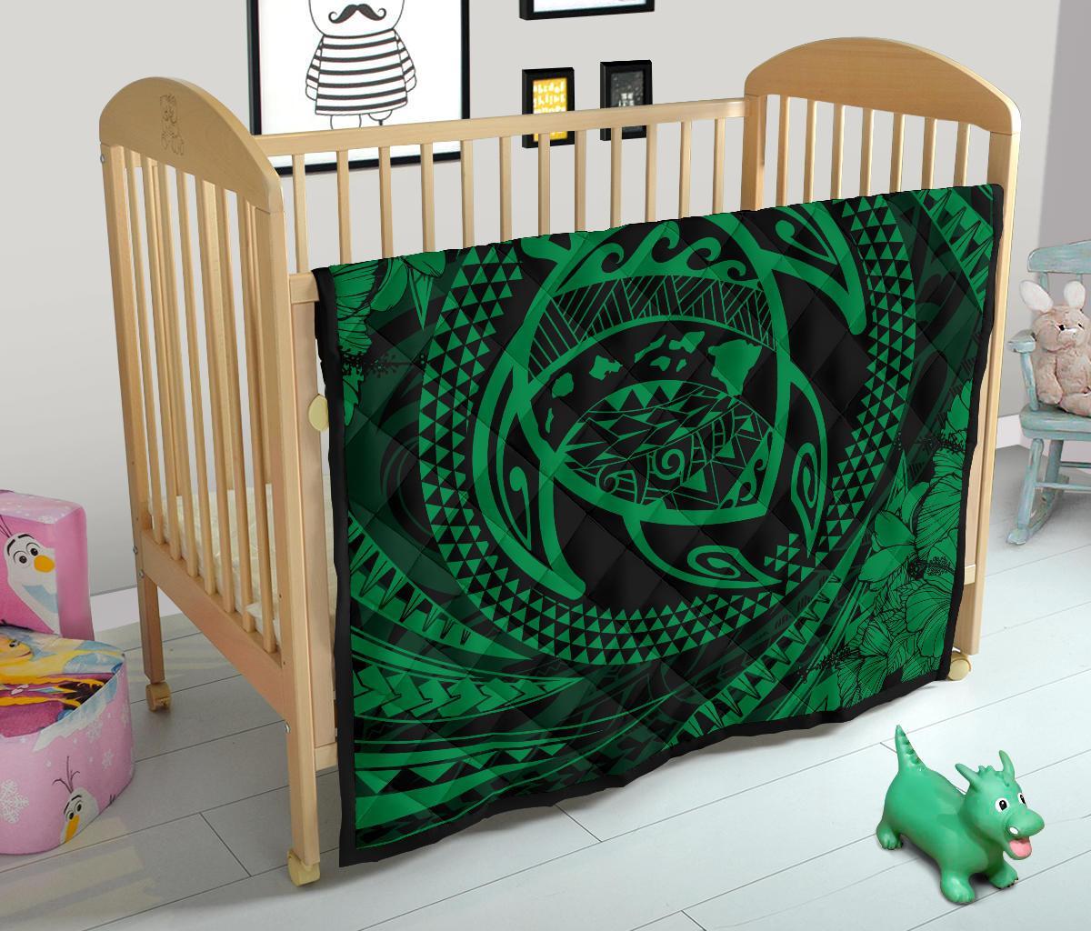 Hawaiian Kanaka Honu Hibiscus Tornando Green Polynesian Premium Quilt - Polynesian Pride