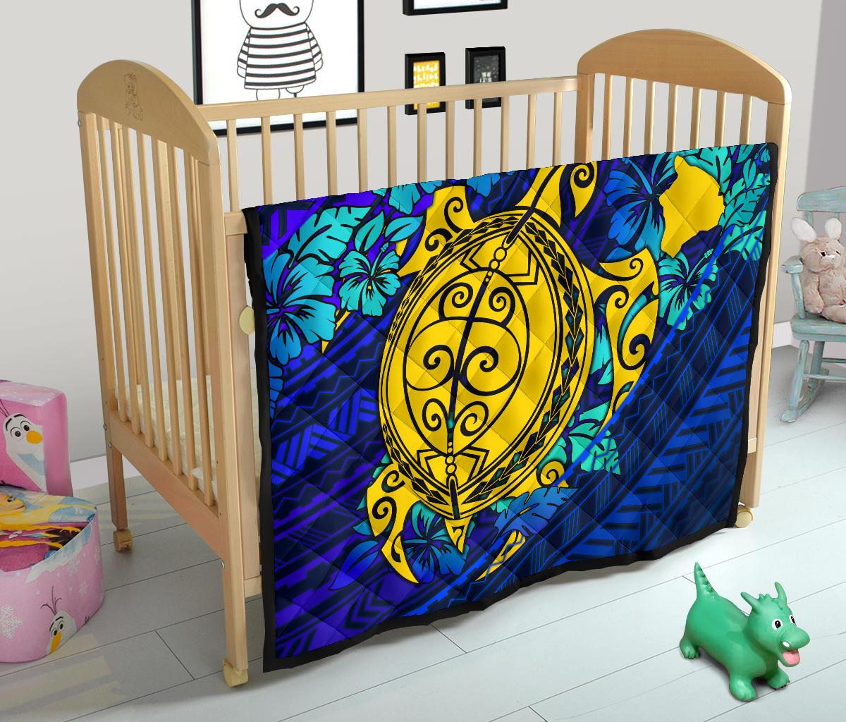 Hawaii Polynesian Premium Quilt - Hawaii Yellow Turtle Map & Torquoise Hibiscus - Polynesian Pride
