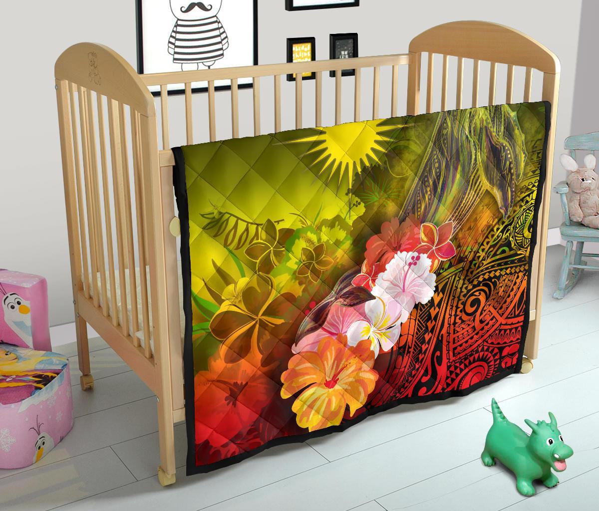 Marshall Islands Premium Quilt - Humpback Whale with Tropical Flowers (Yellow) - Polynesian Pride