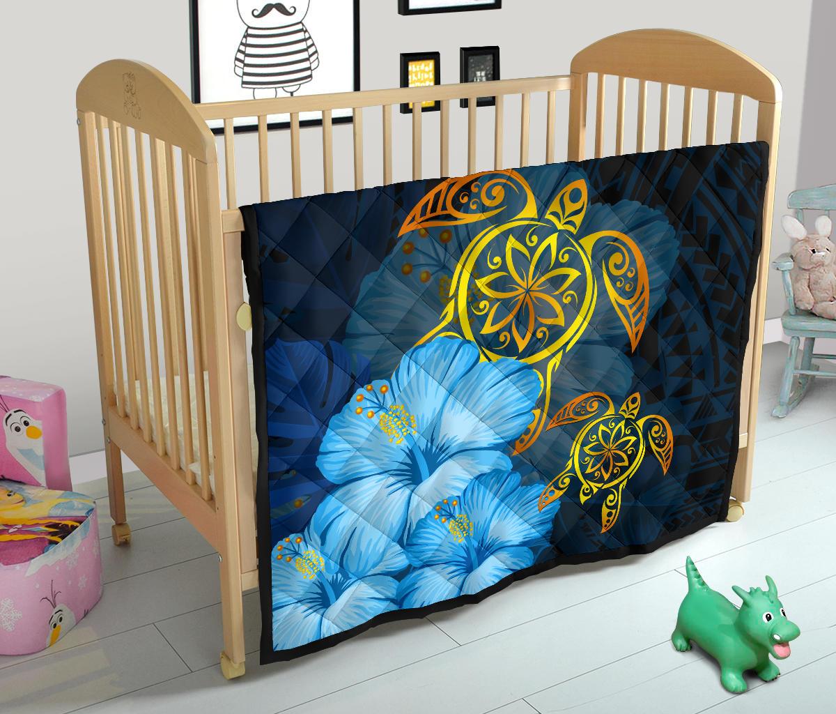 Hawaii Premium Quilt - Turtle Hibiscus Pattern Hawaiian Premium Quilt - Blue - Polynesian Pride