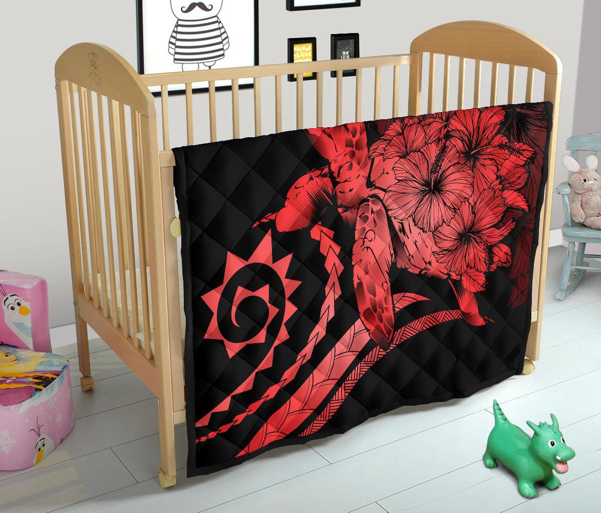 Hawaii Turtle Hibiscus Polynesian Vintage Premium Quilt - Red - Polynesian Pride