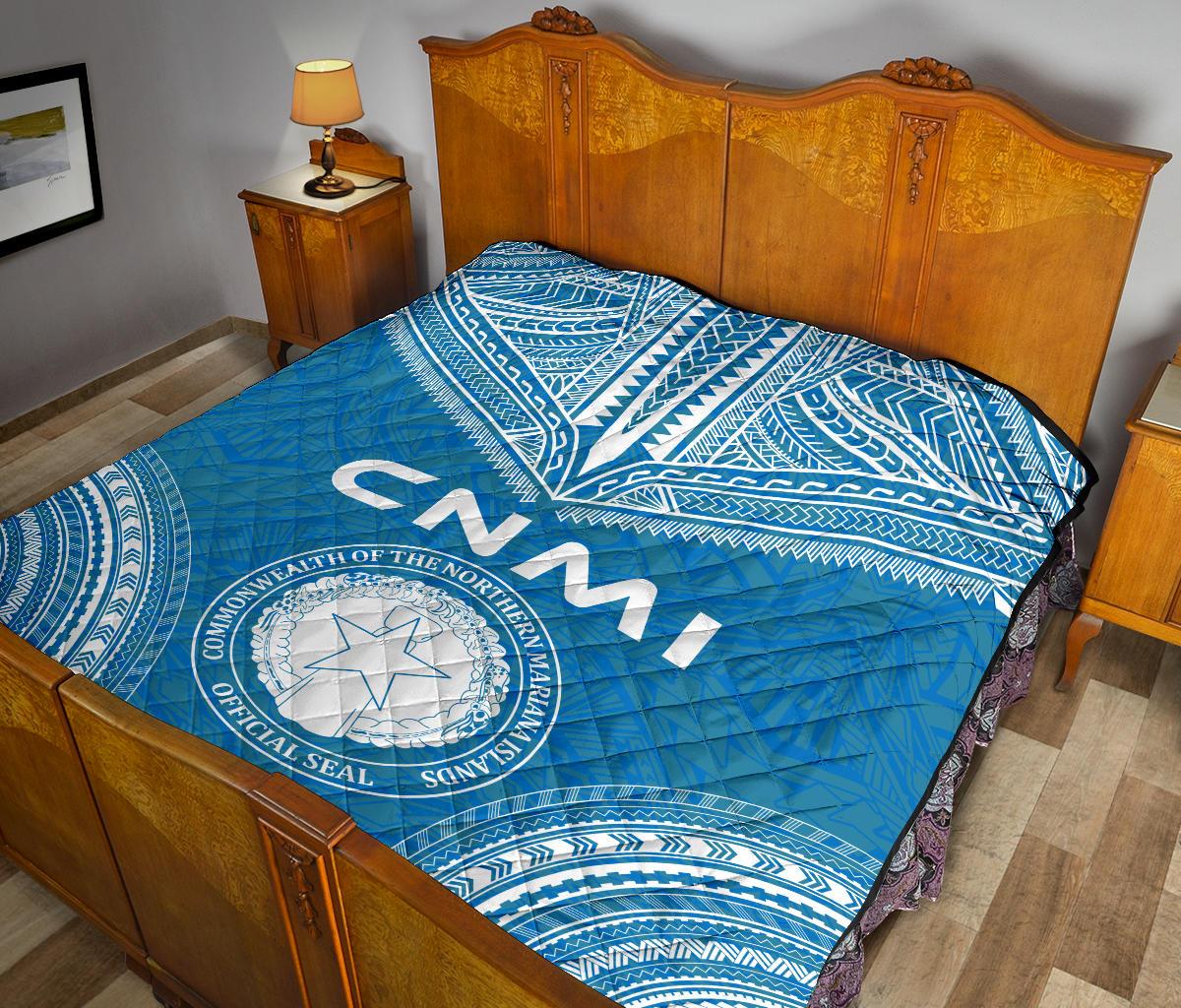 Northern Mariana Islands Premium Quilt - CNMI Seal Polynesian Chief Light Blue Version - Polynesian Pride