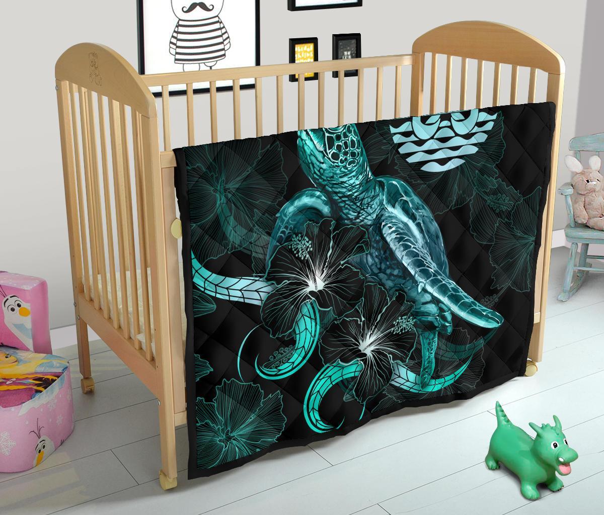 Tahiti Polynesian Premium Quilt - Turtle With Blooming Hibiscus Turquoise - Polynesian Pride