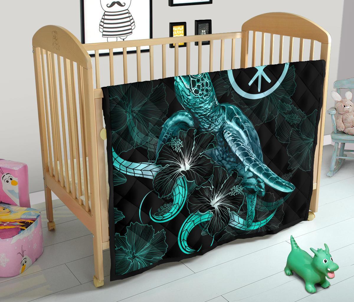 Hawaii Polynesian Premium Quilt - Turtle With Blooming Hibiscus Turquoise - Polynesian Pride