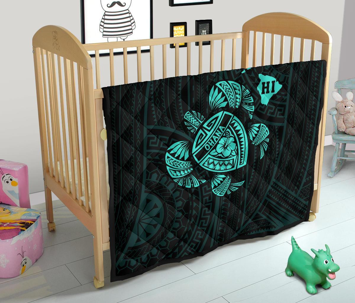 Hawaii Turtle Hibicus Map Premium Quilt - Turquoise - Polynesian Pride