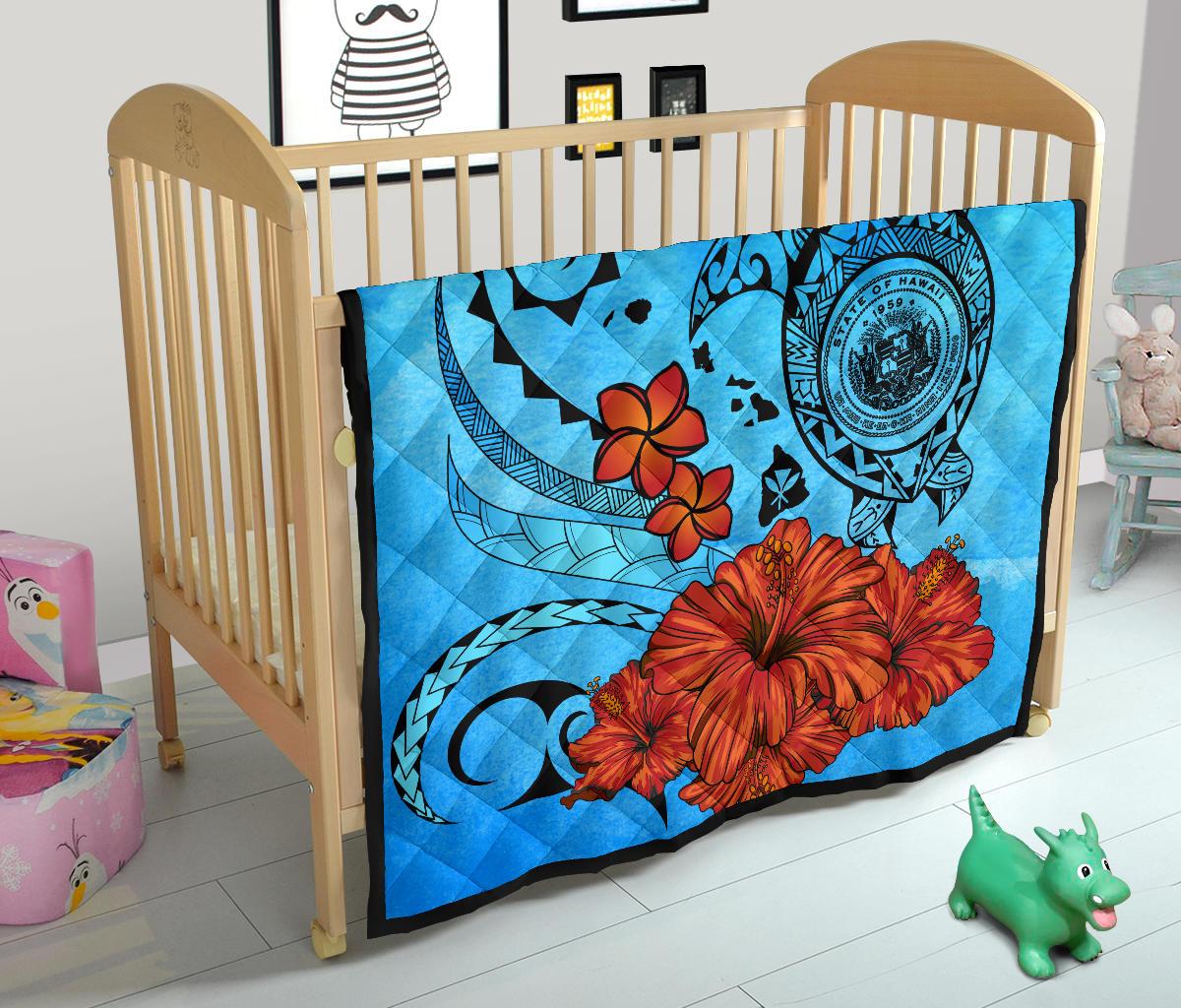 Hawaiian Map Kanaka Sea Turtle Seal Of Hawaii Hibiscus Plumeria Polynesian Quilt - Polynesian Pride