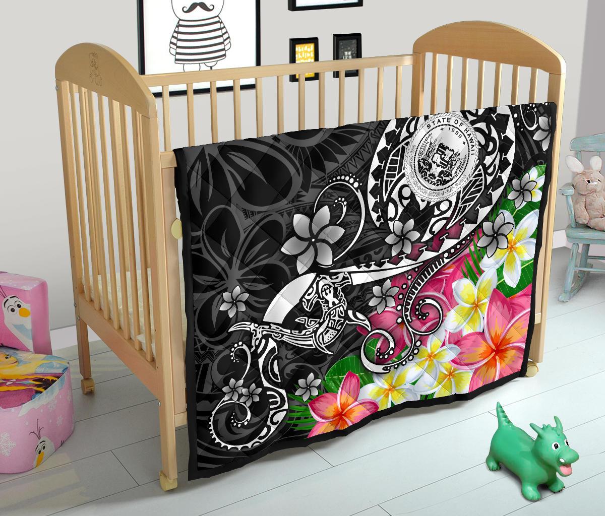 Hawaii Polynesian Premium Quilt - Hawaii Seal With Turtle Plumeria (Black) - Polynesian Pride