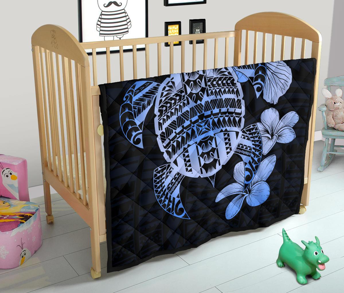 Hawaiian Kanaka Hibiscus Plumeria Mix Polynesian Turtle Premium Quilt Blue AH - Polynesian Pride