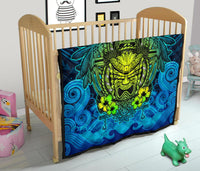 Hawaii Polynesian Premium Quilt - Hawaiian Green Yellow Tiki Face (Blue) - Polynesian Pride