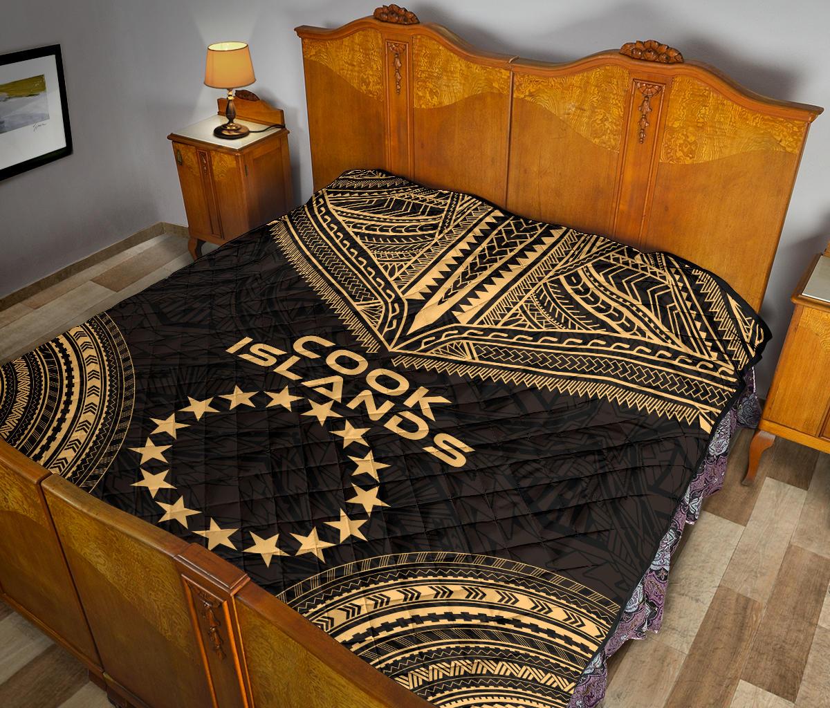 Cook Islands Premium Quilt - Cook Islands Flag Polynesian Chief Gold Version - Polynesian Pride