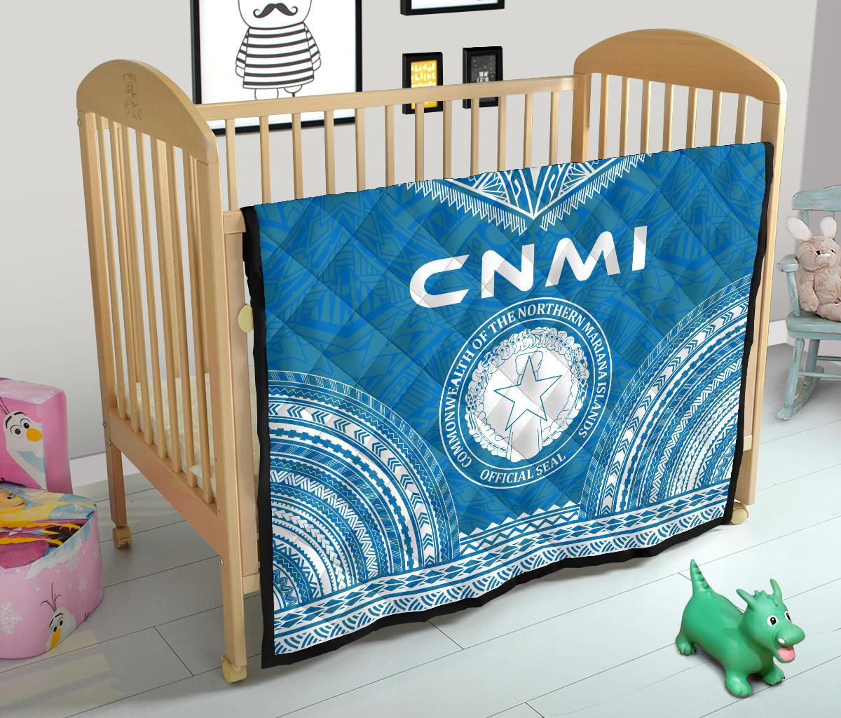 Northern Mariana Islands Premium Quilt - CNMI Seal Polynesian Chief Light Blue Version - Polynesian Pride