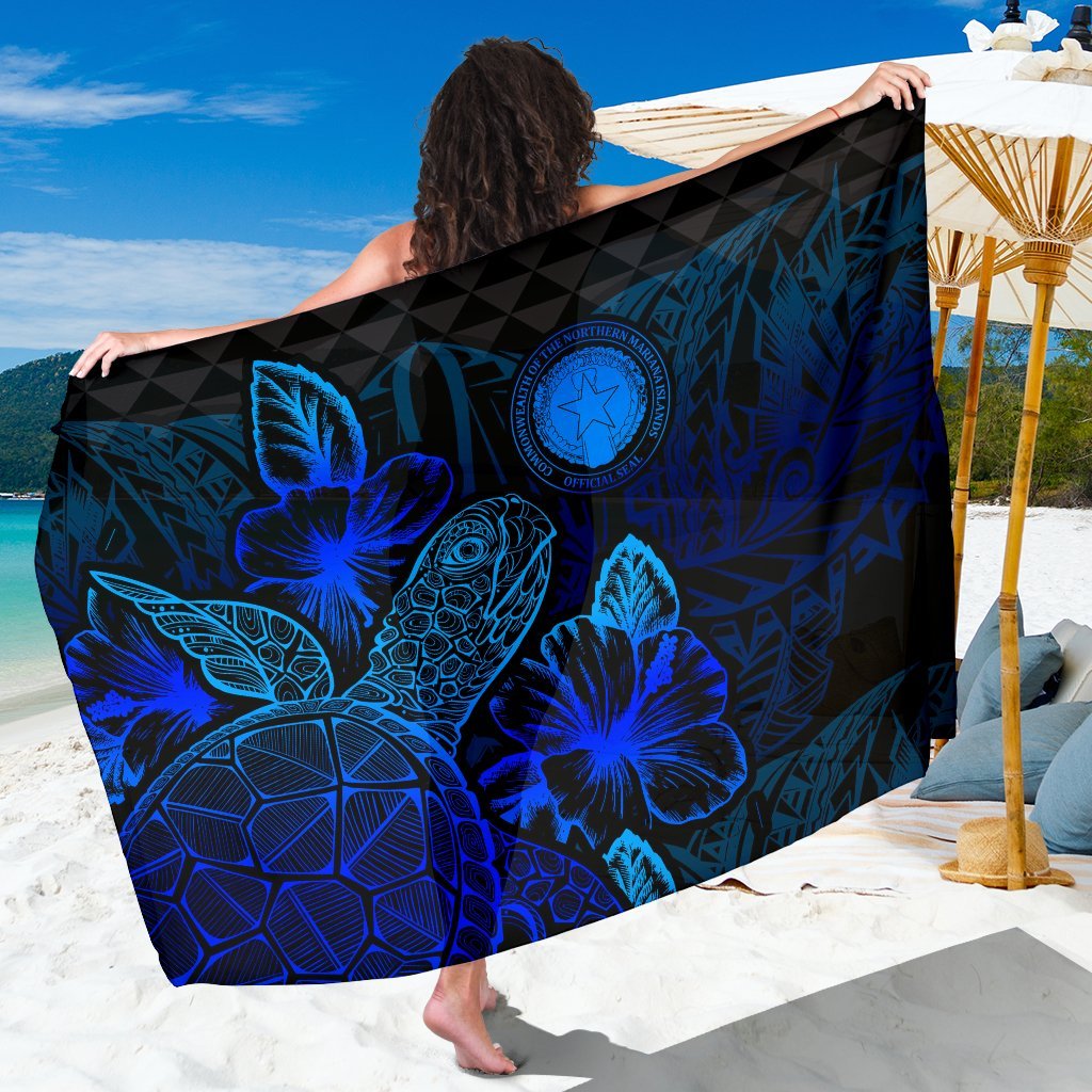 Northern Mariana Islands Sarong - Turtle Hibiscus Pattern Blue Women One Size Blue - Polynesian Pride
