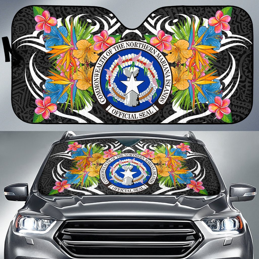 Northern Mariana Islands Auto Sun Shades - Coat Of Arms With Tropical Flowers Auto Sun Shade - Northern Mariana Islands Universal Fit Black - Polynesian Pride