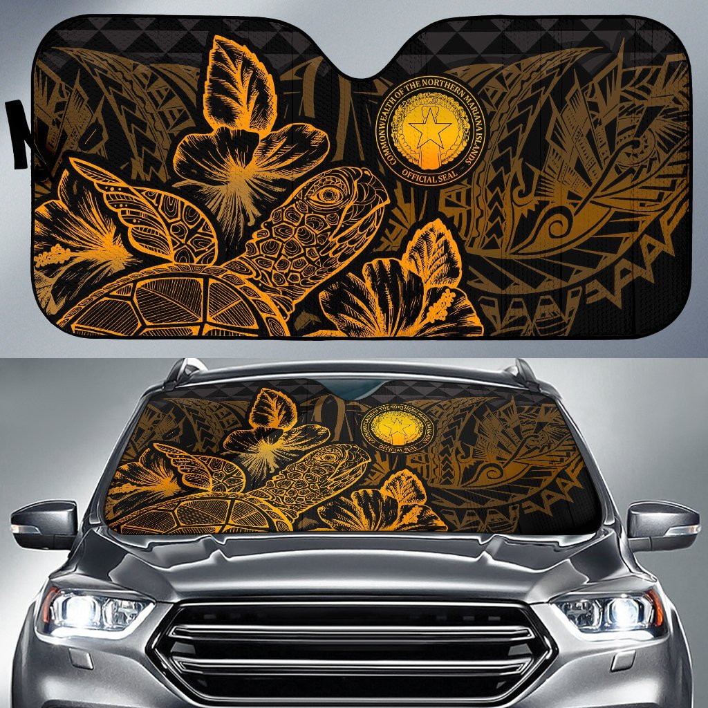 Northern Mariana Islands Auto Sun Shades Turtle Hibiscus Gold Auto Sun Shade Universal Fit Gold - Polynesian Pride