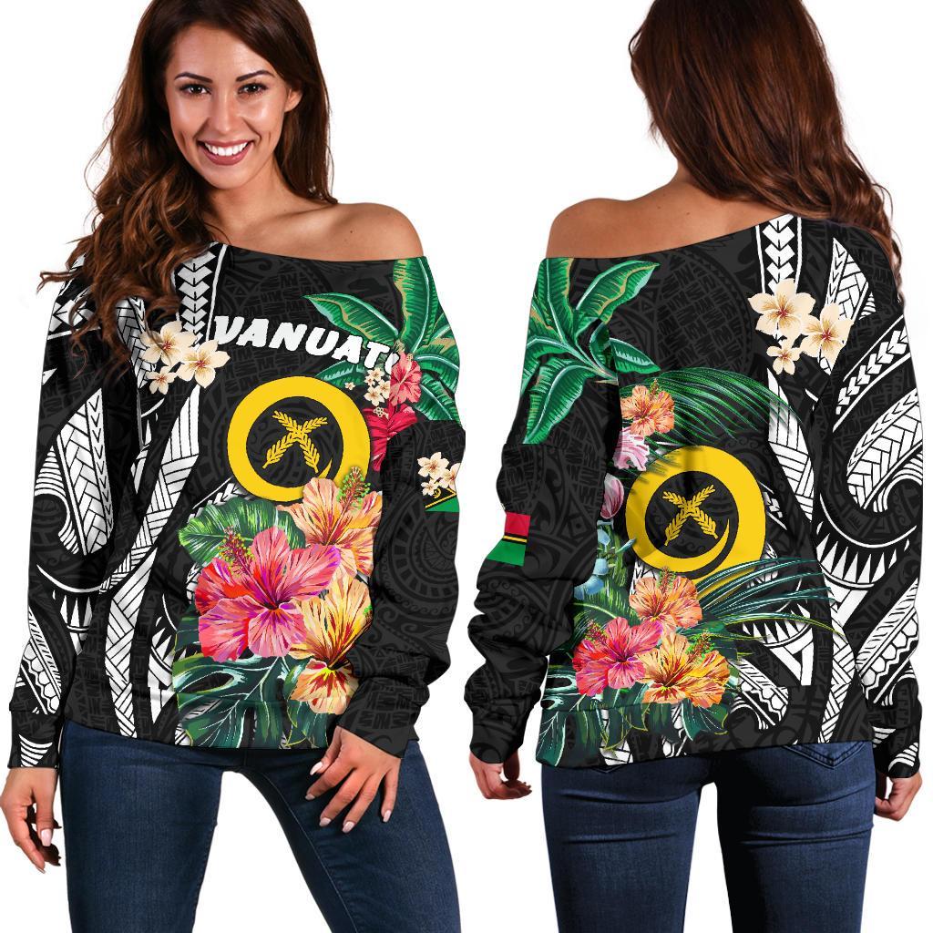 Vanuatu Women'S Off Shoulder Sweater Coat Of Arms Polynesian With Hibiscus-2 Black - Polynesian Pride