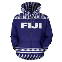 Fiji Tapa All Over Zip up Hoodie Blue and White Version - Polynesian Pride