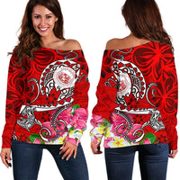 Hawaii Polynesian Women's Off Shoulder Sweater - Hawaii Seal With Turtle Plumeria (Red) Red - Polynesian Pride