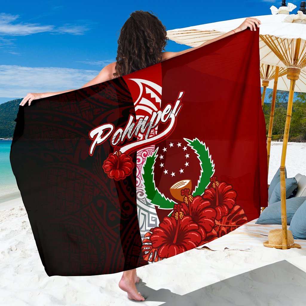 Pohnpei Micronesia Sarong - Coat Of Arm With Hibiscus One Style One Size Red - Polynesian Pride