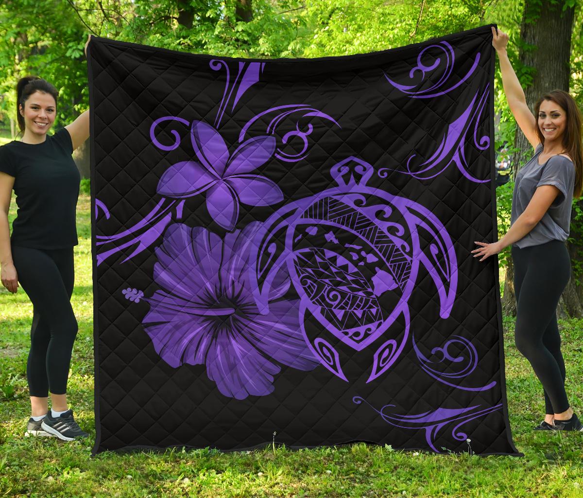 Hawaii Turtle Hibiscus Premium Quilt Purple Purple - Polynesian Pride