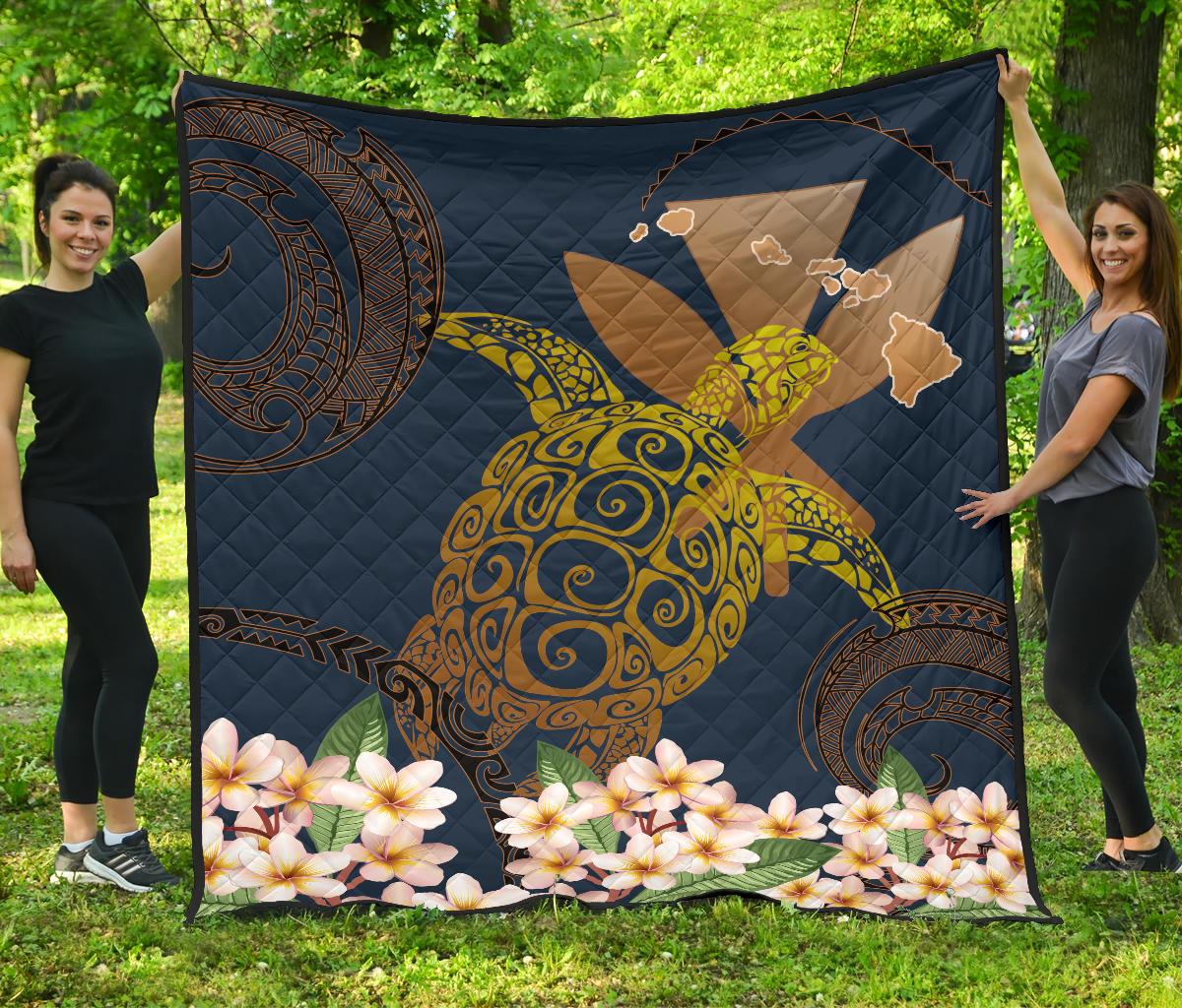 Hawaii Turtle Plumeria Polynesian Kanaka Map - Blue Style - Premium Quilt AH Blue - Polynesian Pride