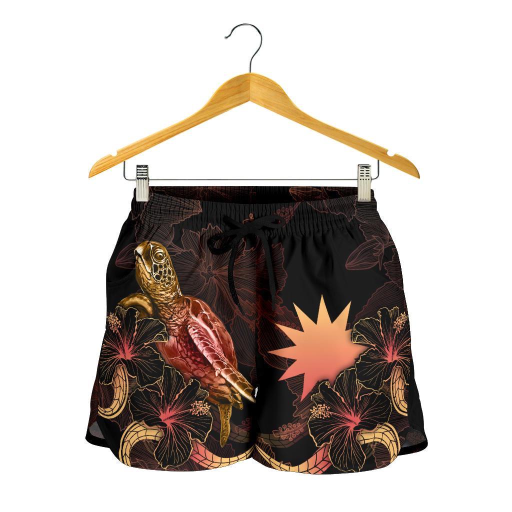 Nauru Polynesian Women's Shorts - Turtle With Blooming Hibiscus Gold - Polynesian Pride