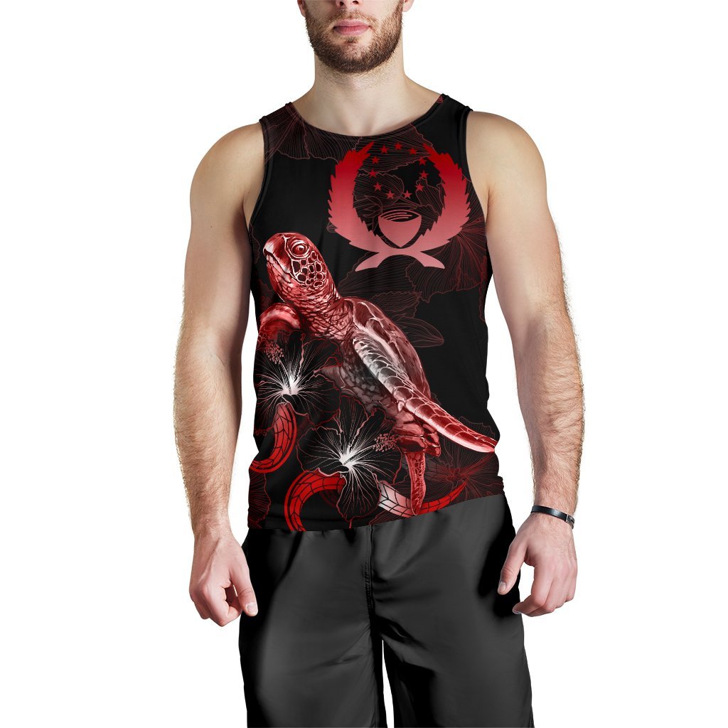 Pohnpei Men Tank Top - Turtle With Blooming Hibiscus Red - Polynesian Pride
