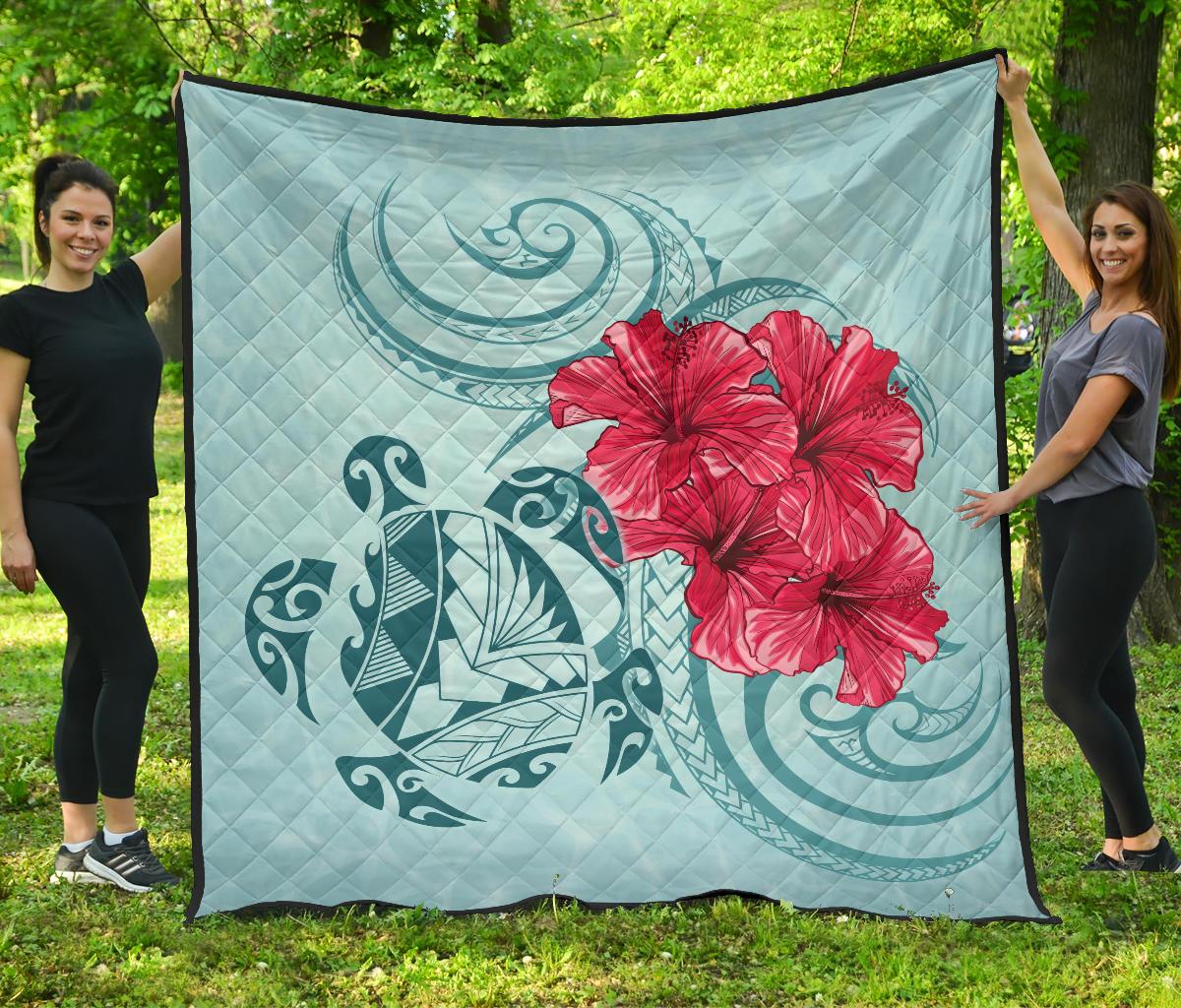Hawaii Polynesian Turtle Hibiscus Blue Premium Quilt - Bless Style Blue - Polynesian Pride