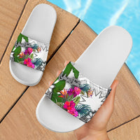 Nauru Custom Personalised Slide Sandals White - Turtle Plumeria Banana Leaf - Polynesian Pride