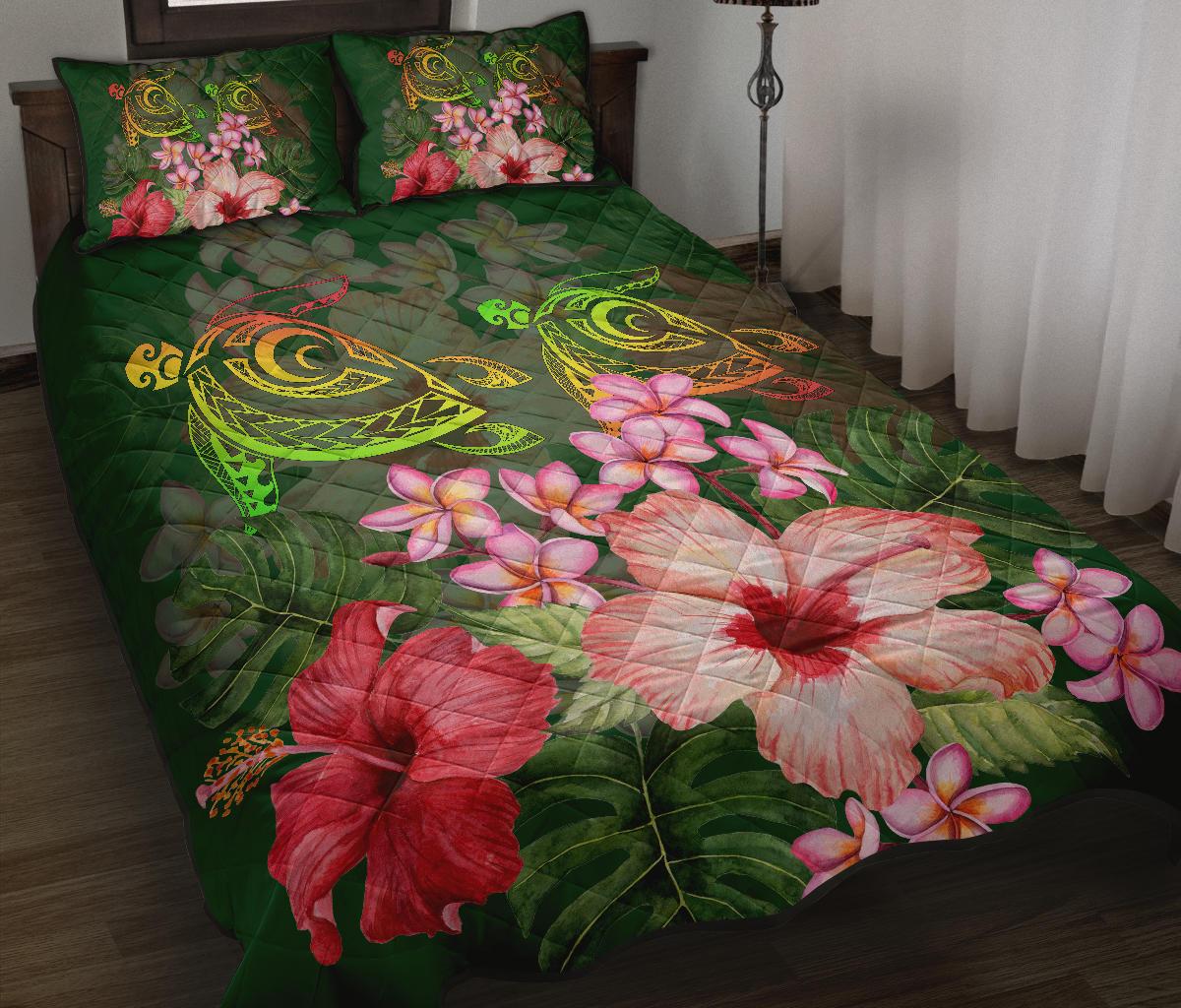 Hawaii Turtle Tropical Flower Quilt Bed Set - Deni Style - AH - Polynesian Pride