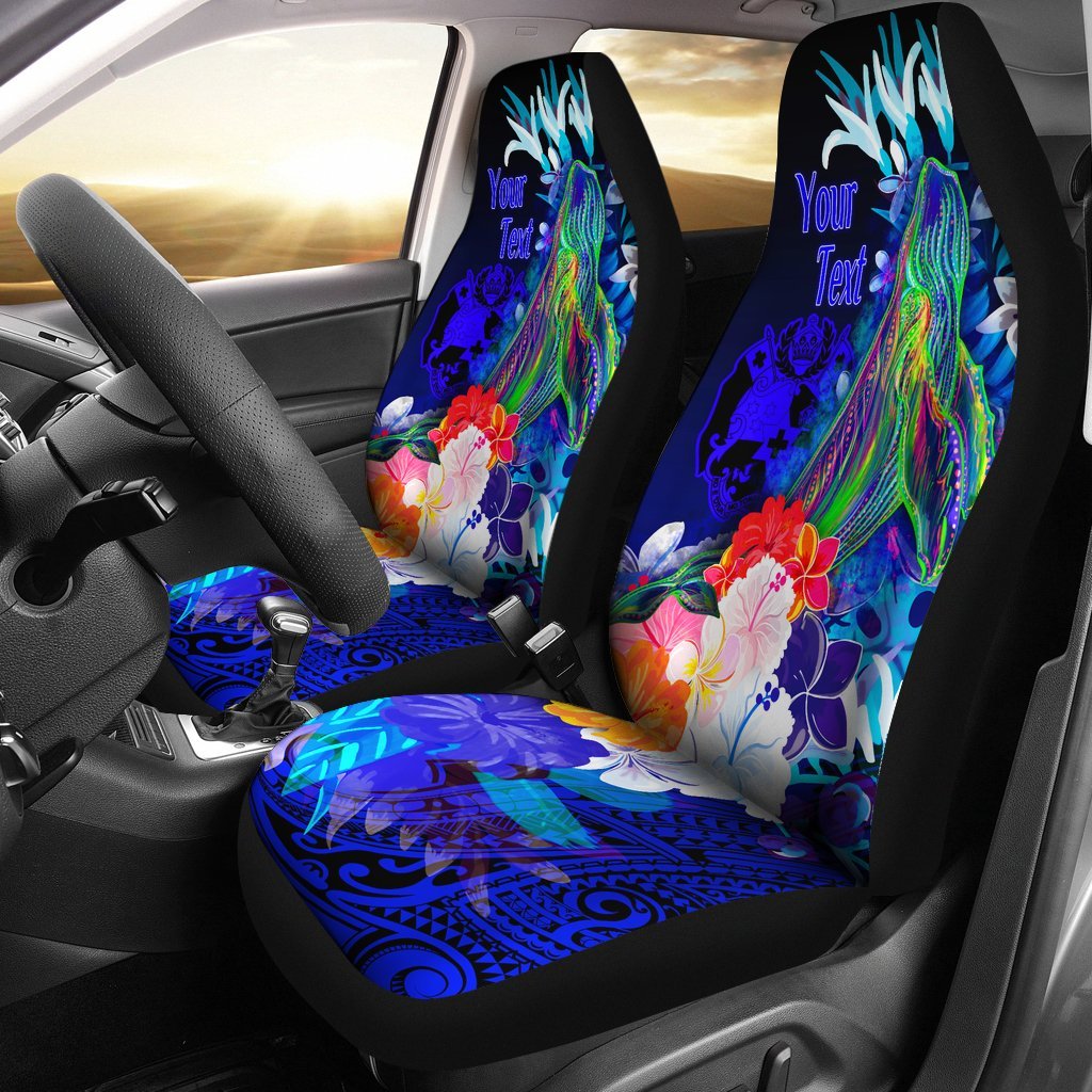 Tonga Custom Personalised Car Seat Covers - Humpback Whale with Tropical Flowers (Blue) Universal Fit Blue - Polynesian Pride