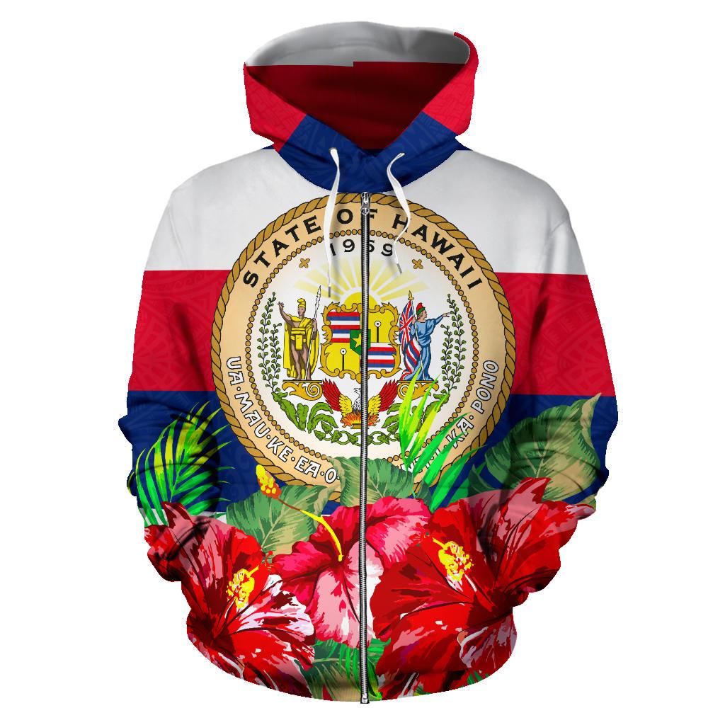 Polynesian Hawaii Zip Hoodie Flag Hibiscus - Polynesian Pride