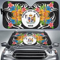 Niue Auto Sun Shades - Coat Of Arms With Tropical Flowers Auto Sun Shade - Niue Universal Fit Black - Polynesian Pride