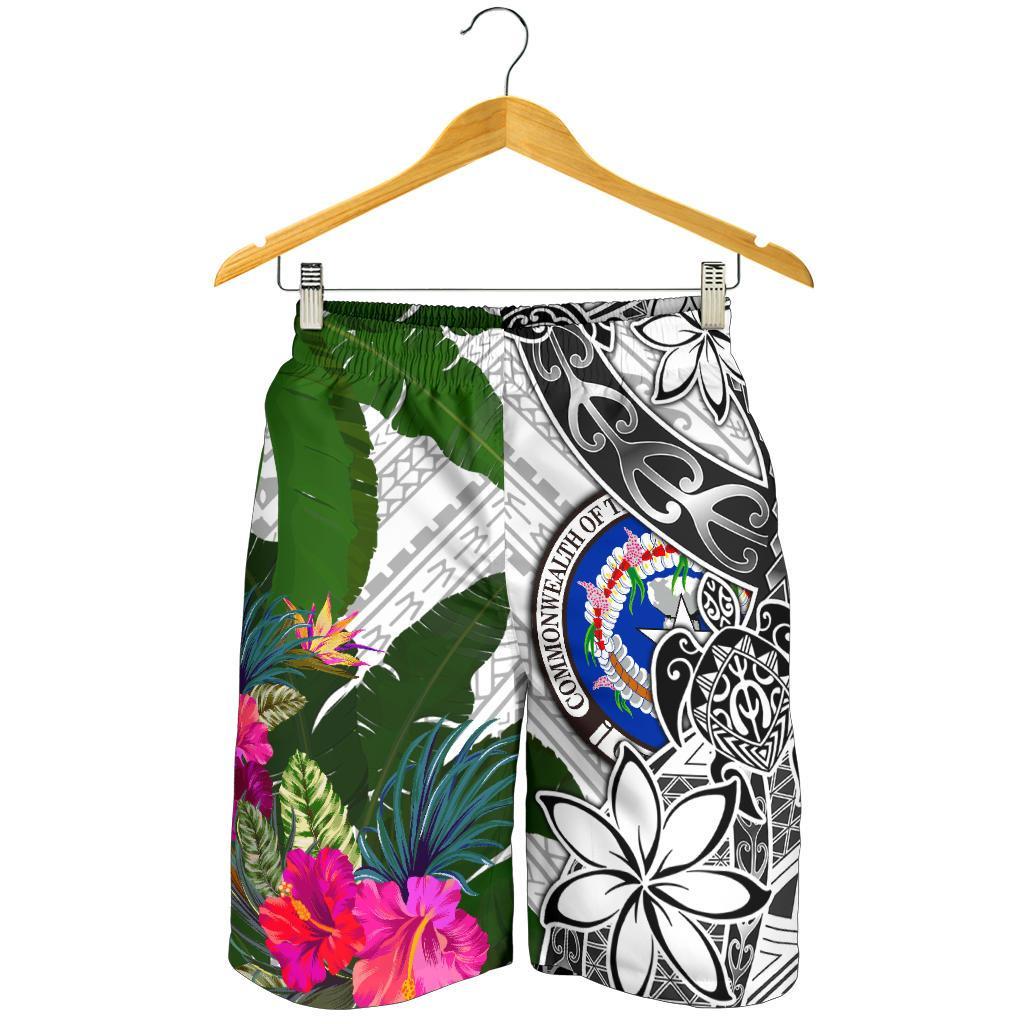 Northern Mariana Islands Men's Short White - Turtle Plumeria Banana Leaf - Polynesian Pride