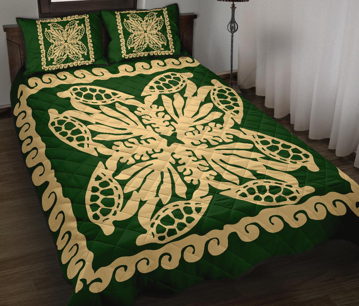 Hawaii Turtle Royal Green Quilt Bed Set - Dey Style - AH - Polynesian Pride
