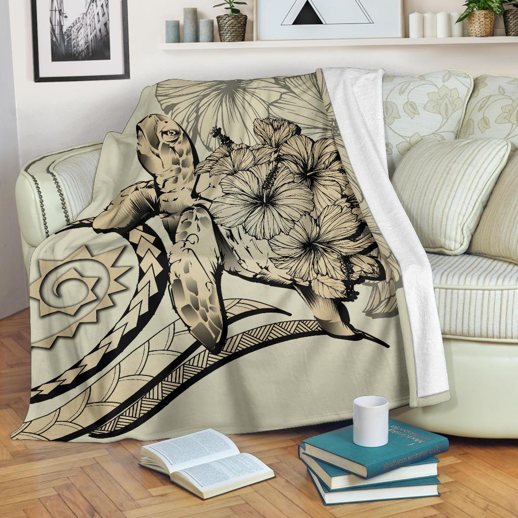 Hawaii Turtle Hibiscus Polynesian Vintage Premium Blanket - Beige White - Polynesian Pride