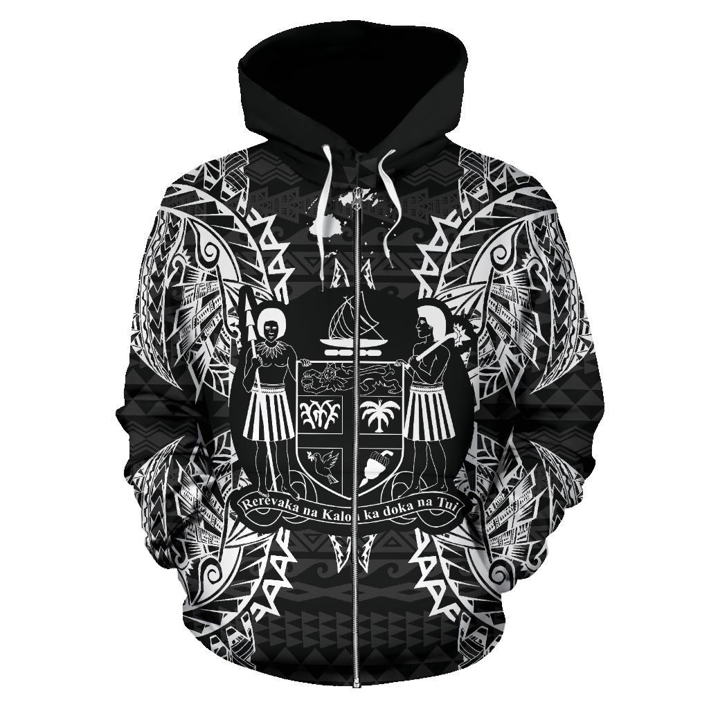 Fiji Polynesian All Over Zip up Hoodie Map Black - Polynesian Pride