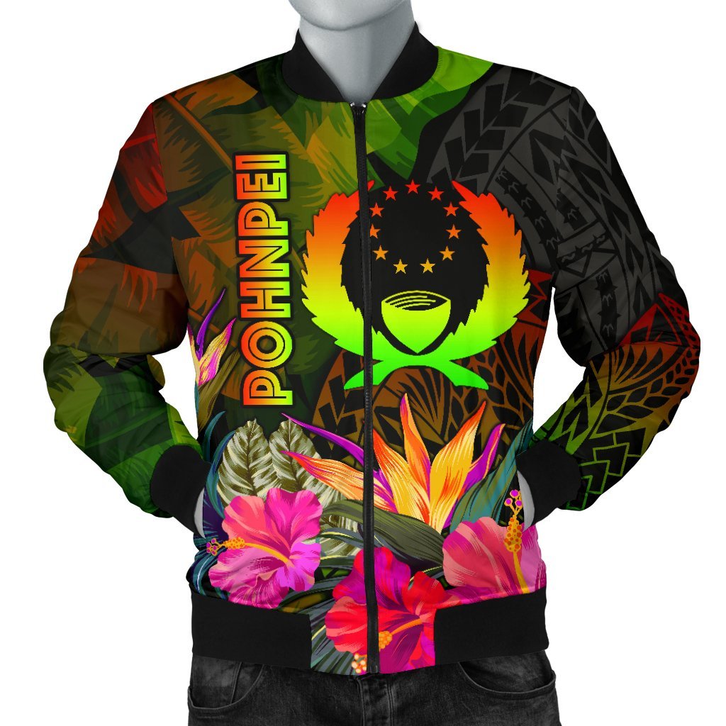 Pohnpei Polynesian Men's Bomber Jacket - Hibiscus and Banana Leaves Reggae - Polynesian Pride