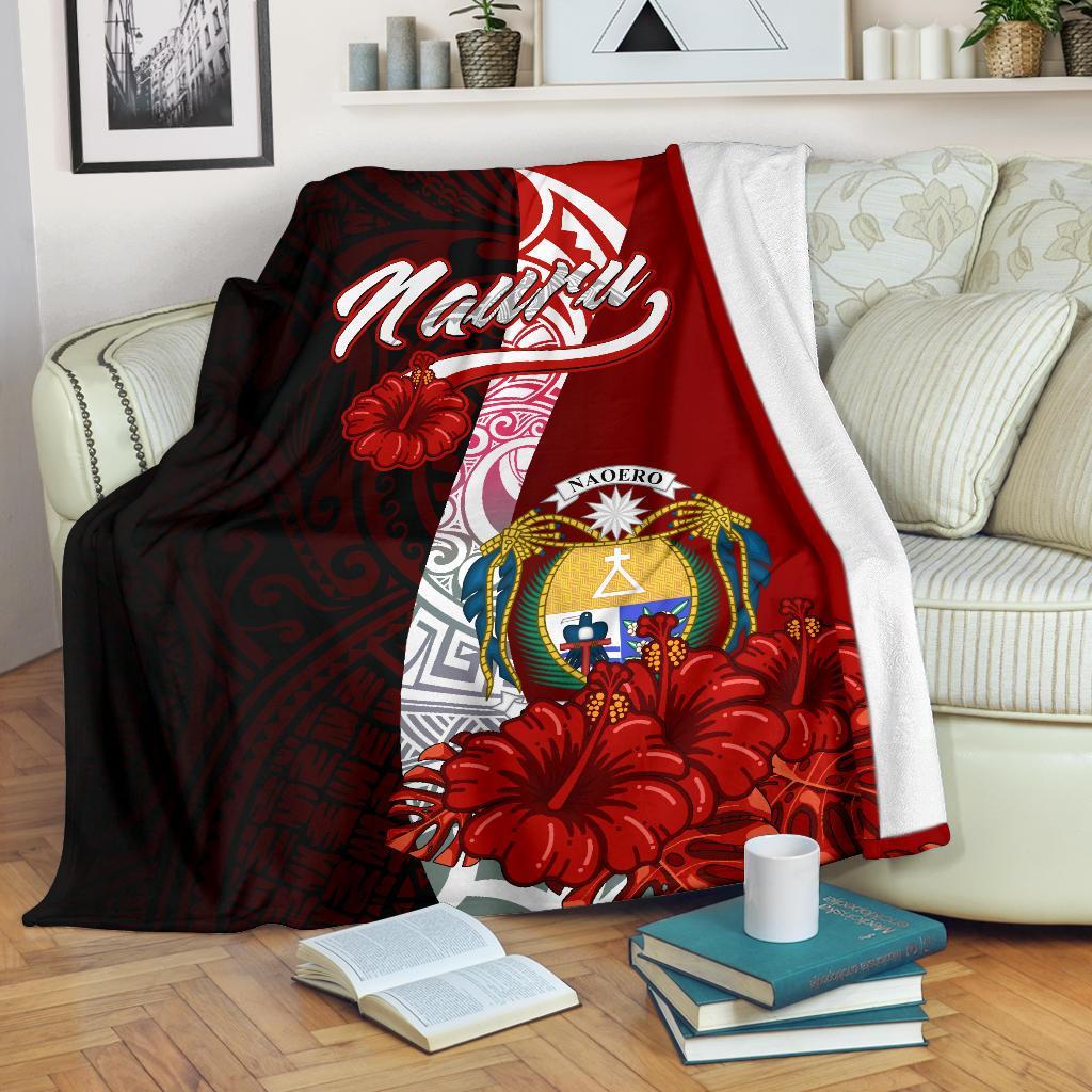 Nauru Polynesian Premium Blanket - Coat Of Arm With Hibiscus White - Polynesian Pride